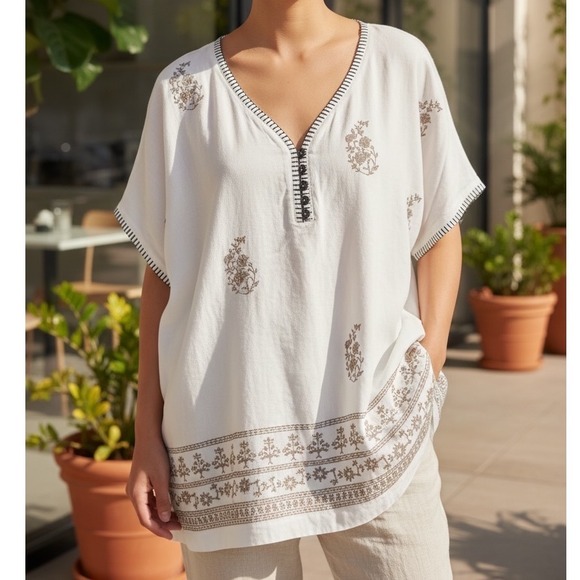 Pure Jill Tops - Pure Jill‎ Embroidered Buttoned V Neck Tee White Multi Floral Print Cotton PL